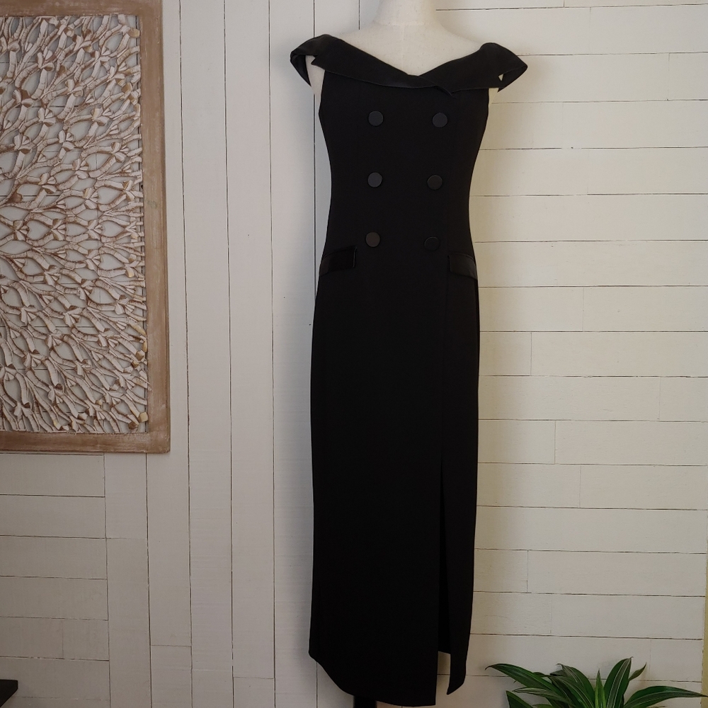 Adrianna Papell Black Off-The-Shoulder Button Midi Dress Size 2 US